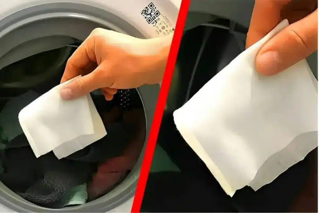 lenço umedecido dentro da maquina de lavar
